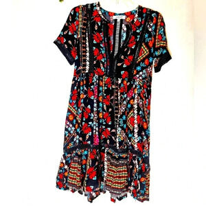 Three CX  Days Floral Flowy Midi Dress Beachy Boho Teired Sz Small